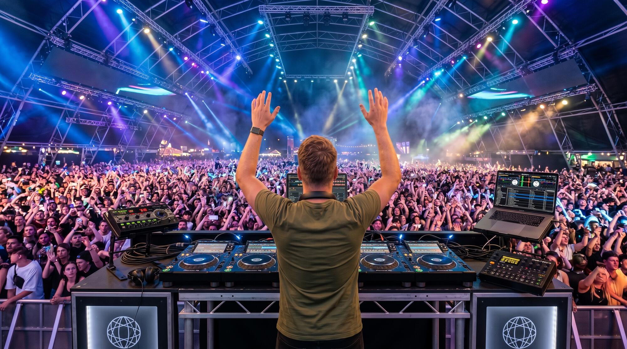 A DJ with his arms up, facing a huge crowd under stage lights