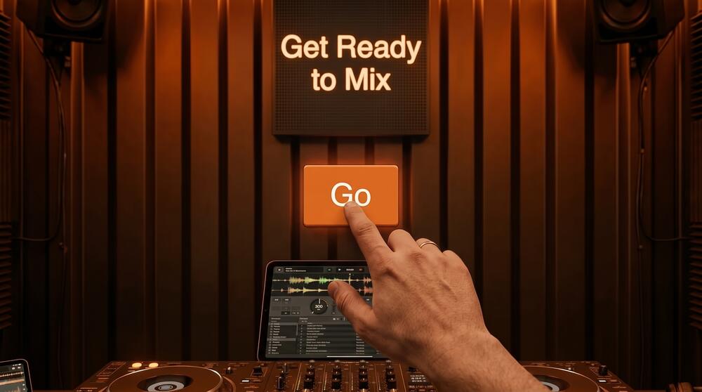 The booth screen saying Get Ready to Mix, with a finger pressing Go